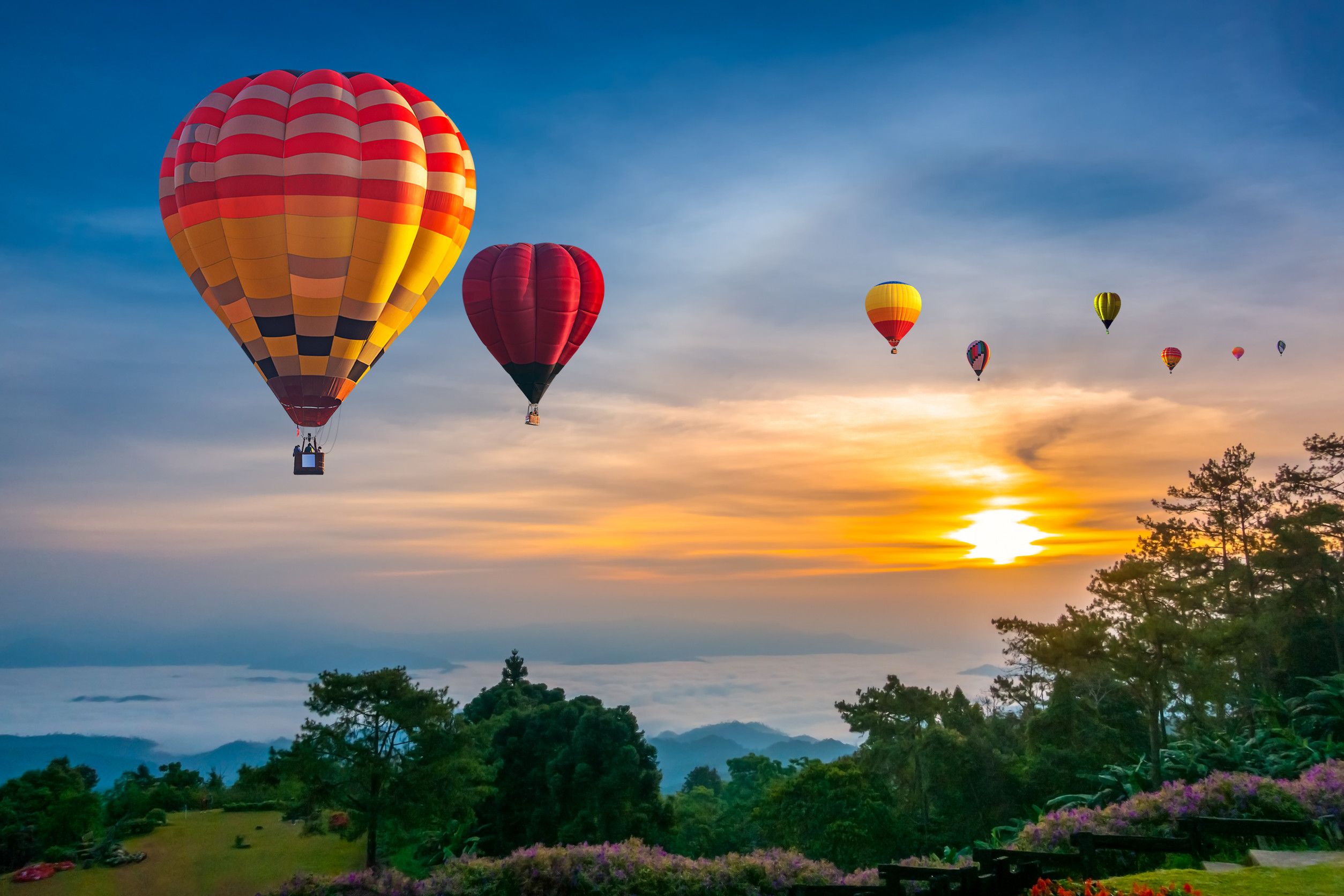 Colorful Hot Air Balloons Flying Over Mountain At Huai Nam Colorful Hot Air Balloons Flying Over Mountain At Huai Nam